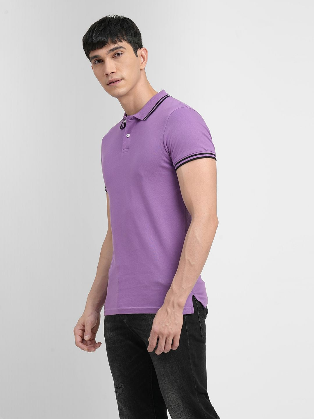 Purple Tape Detail Polo Neck T-shirt
