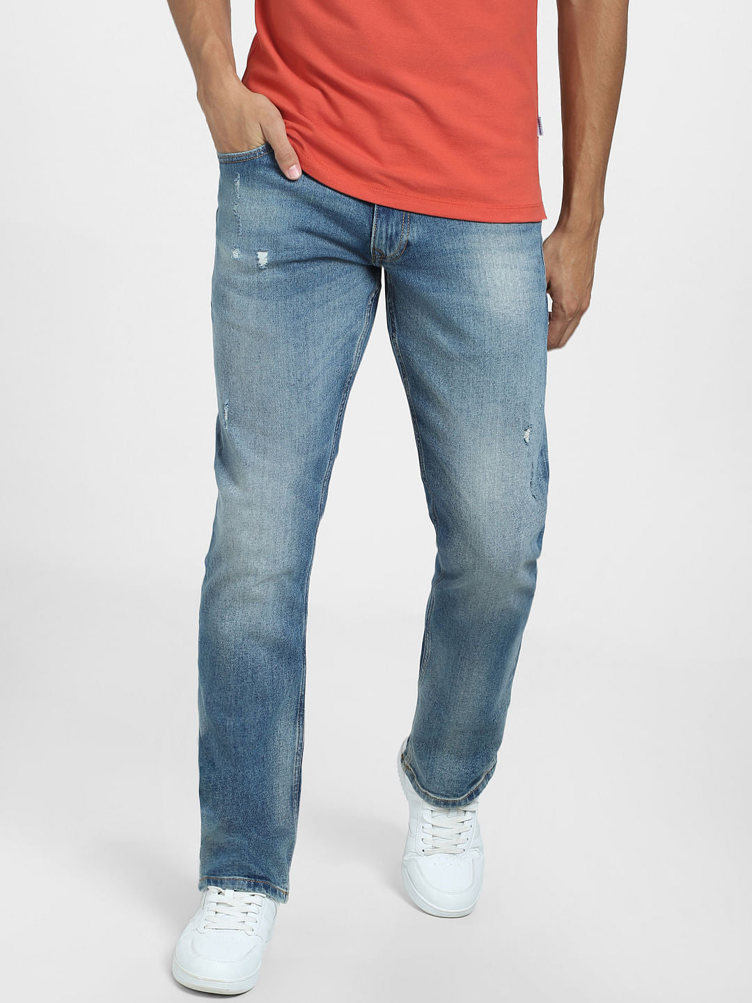 Blue Mid Rise Distressed Clark Regular Jeans