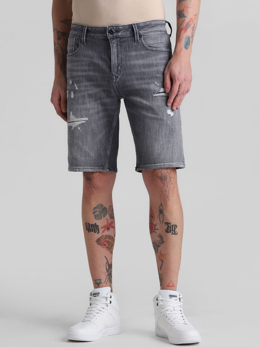 Grey Mid Rise Distressed Denim Shorts