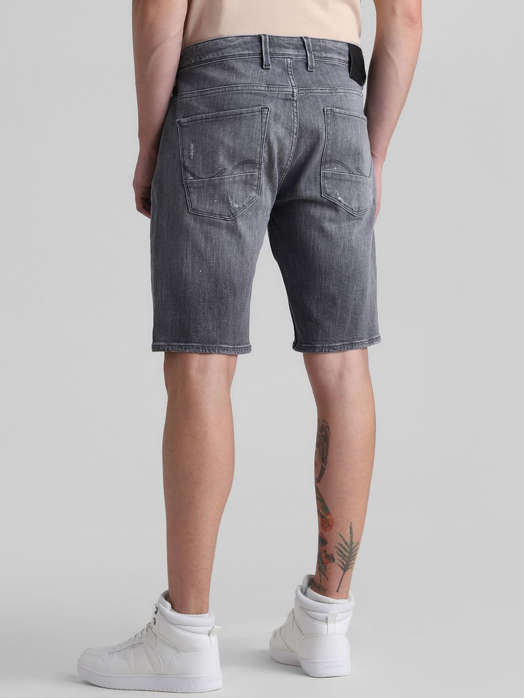 Grey Mid Rise Distressed Denim Shorts