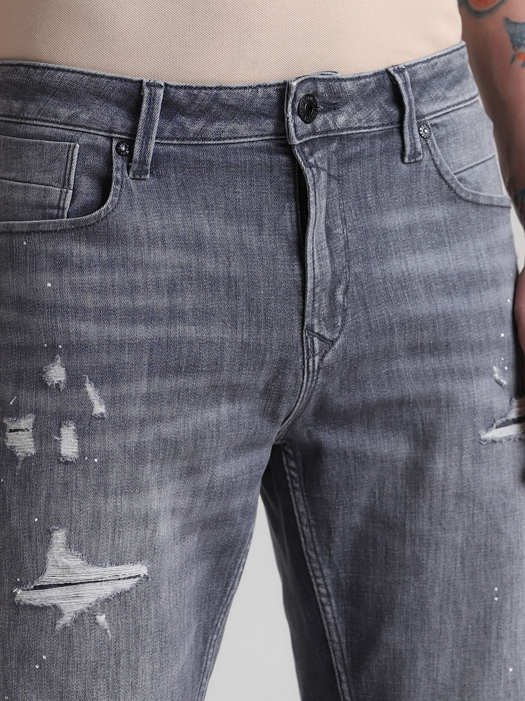 Grey Mid Rise Distressed Denim Shorts