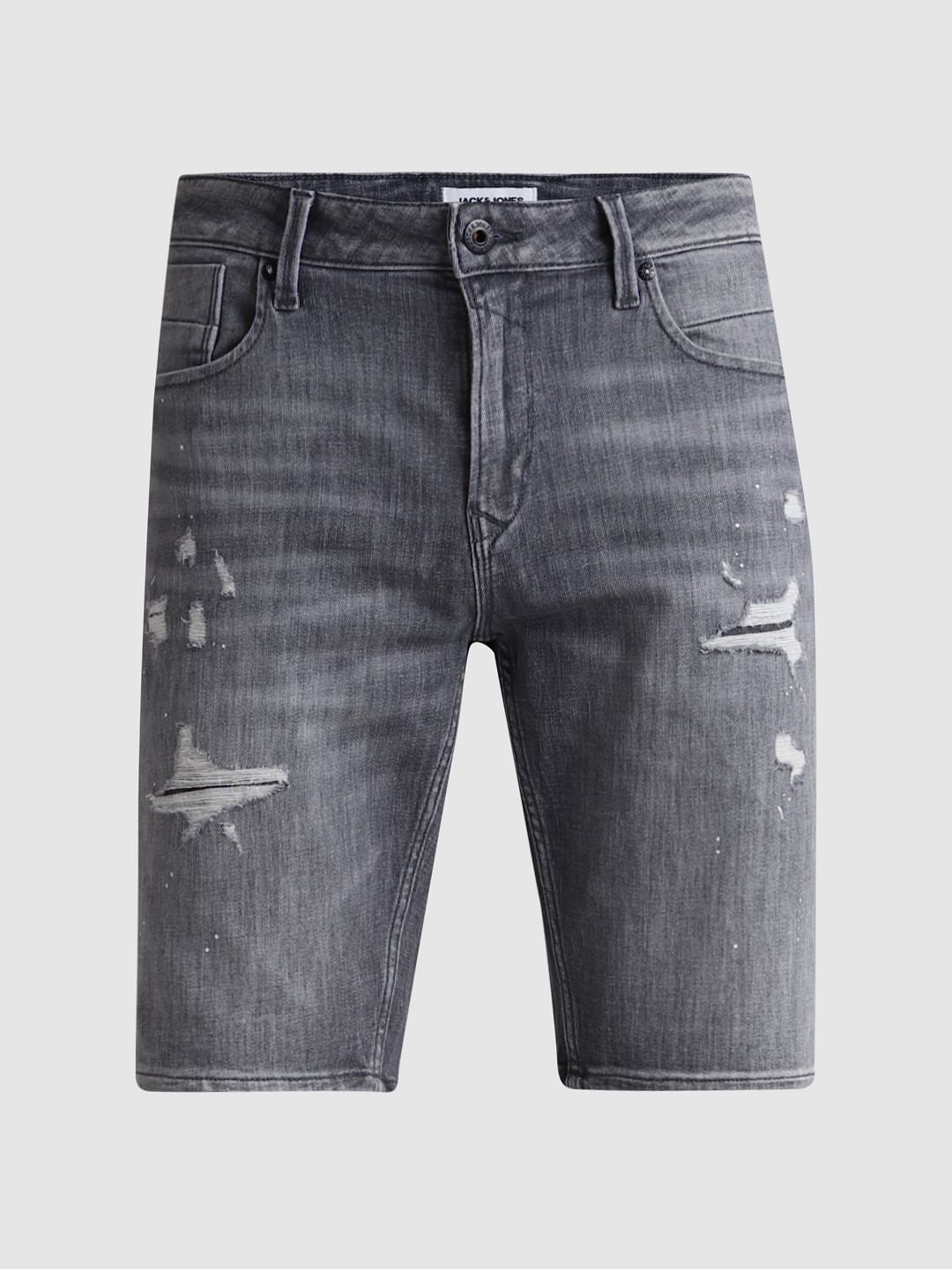 Grey Mid Rise Distressed Denim Shorts