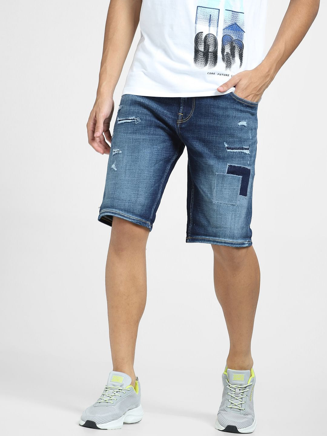 Blue Low Rise Distressed Denim Shorts