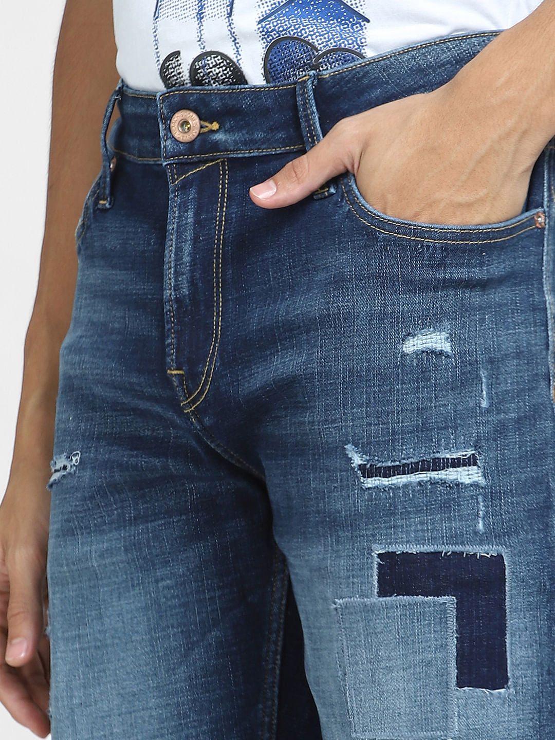 Blue Low Rise Distressed Denim Shorts