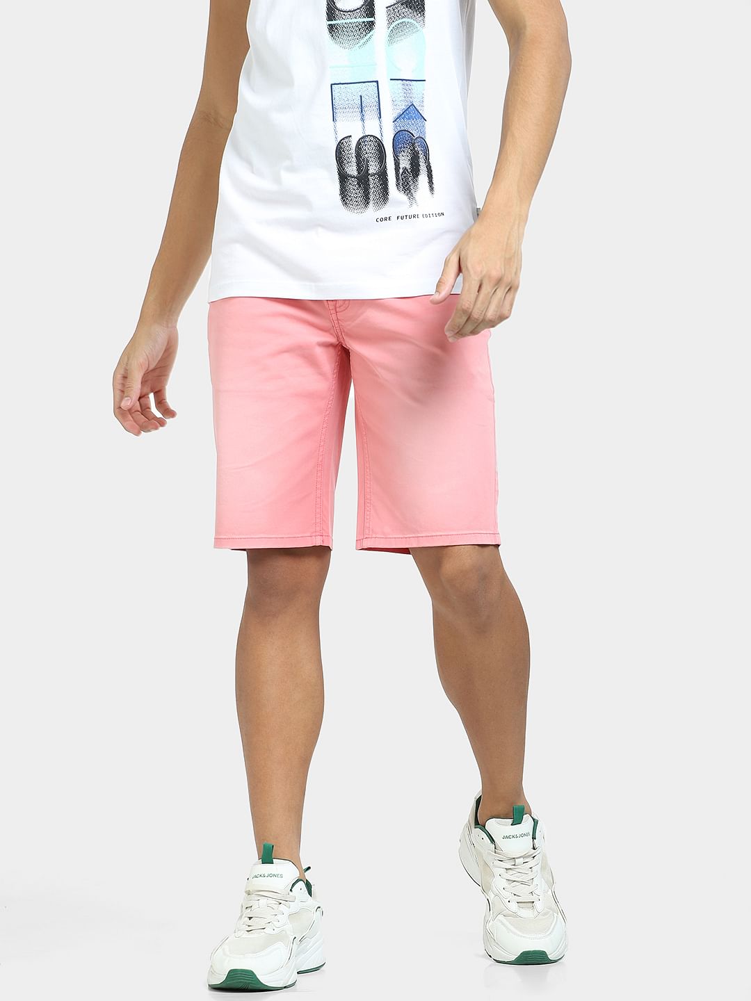 Pink Mid Rise Denim Shorts