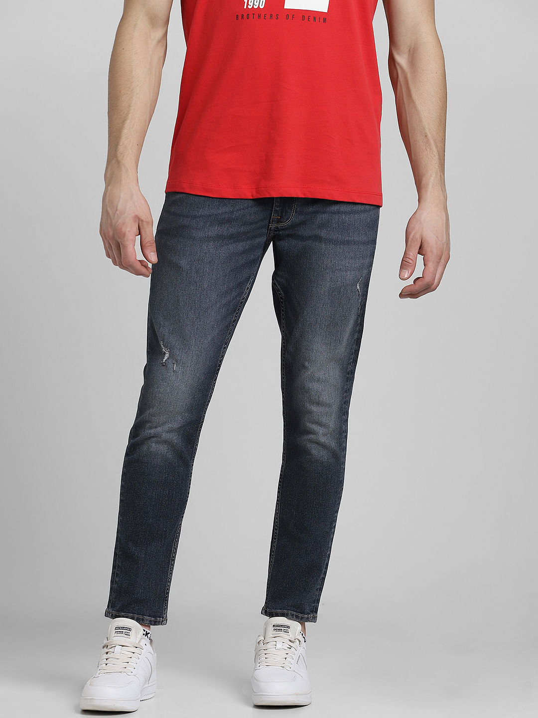 Dark Blue Mid Rise Distressed Glenn Slim Fit Jeans