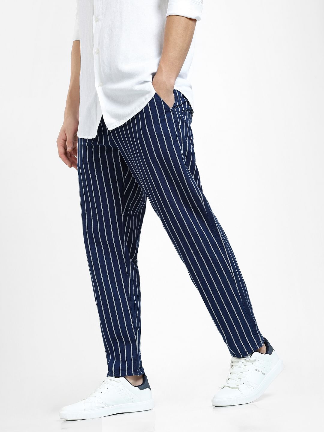 Navy Blue Mid Rise Striped Pants