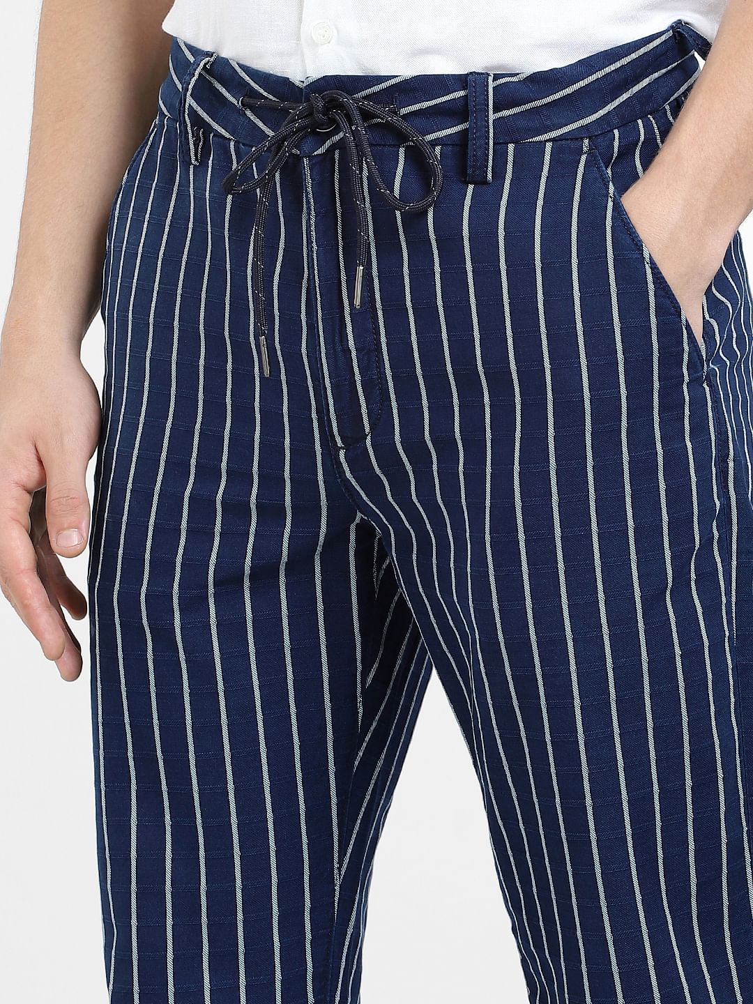 Navy Blue Mid Rise Striped Pants