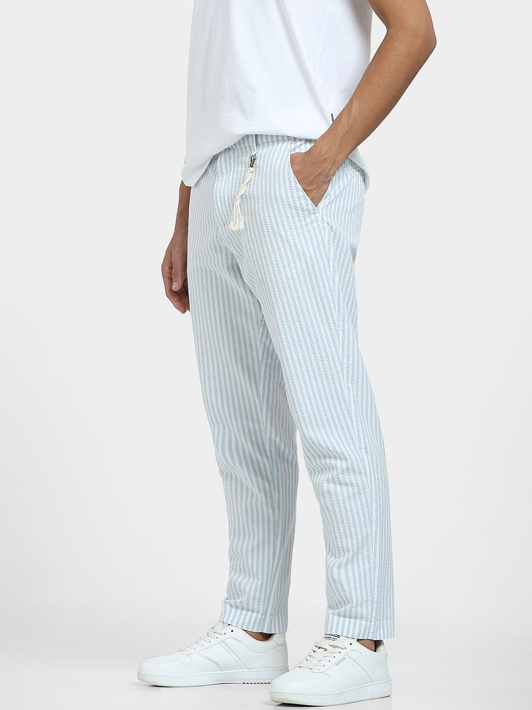 Blue Mid Rise Striped Pants