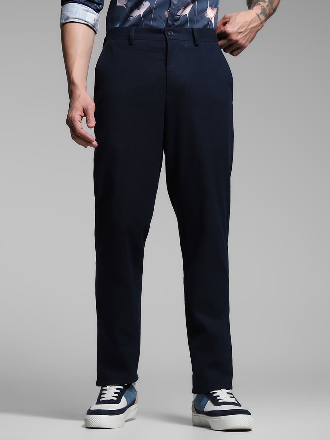 Dark Blue Slim Fit Linen Trousers