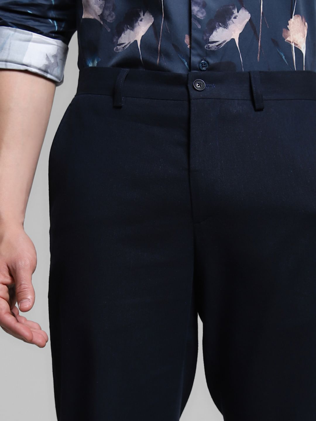 Dark Blue Slim Fit Linen Trousers