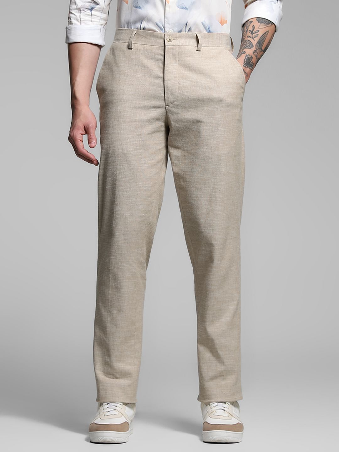 Beige Slim Fit Linen Trousers - Main Image