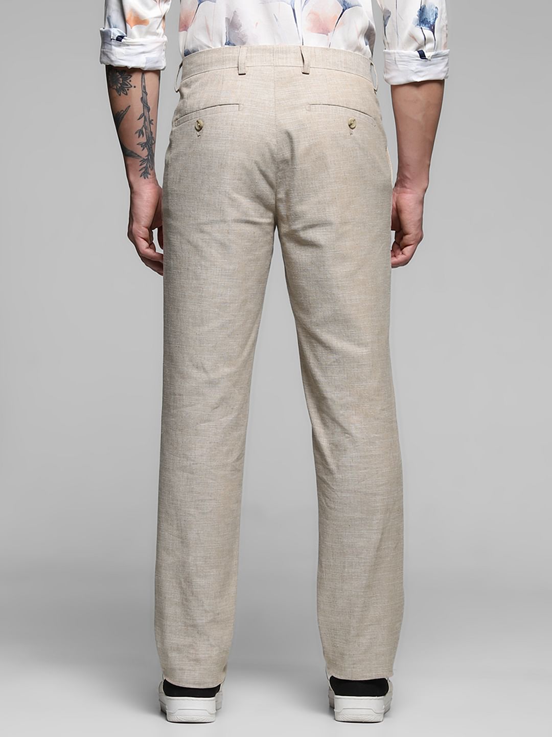 Beige Slim Fit Linen Trousers