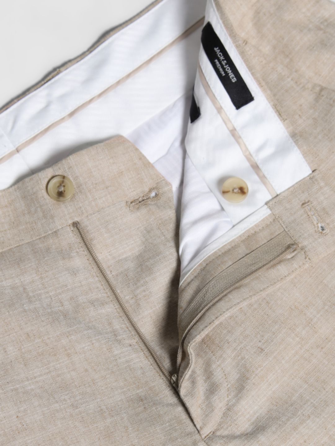 Beige Slim Fit Linen Trousers