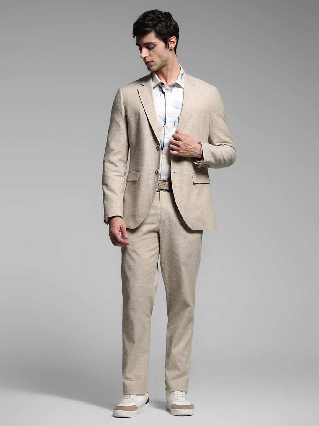 Beige Slim Fit Linen Trousers