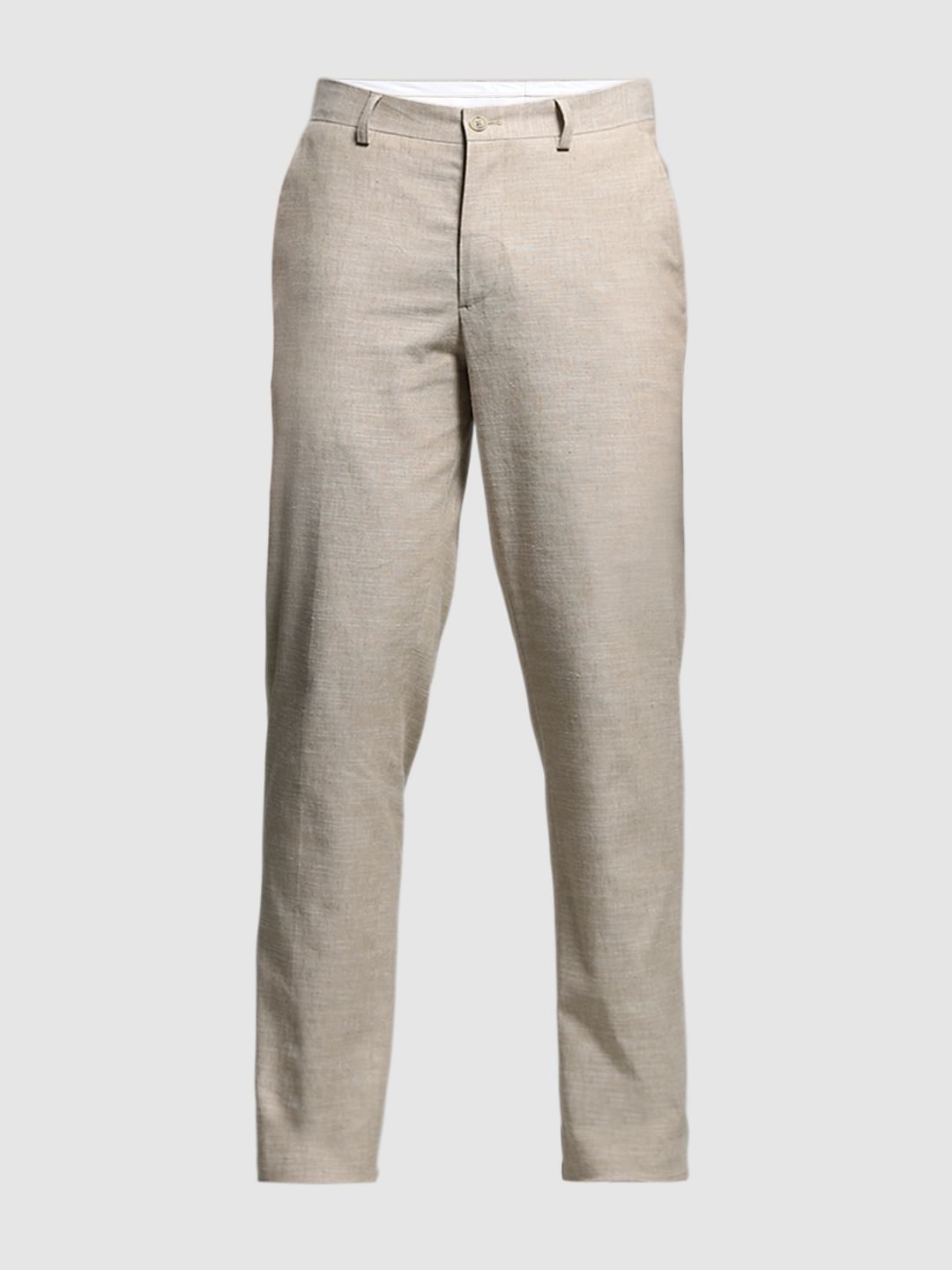 Beige Slim Fit Linen Trousers