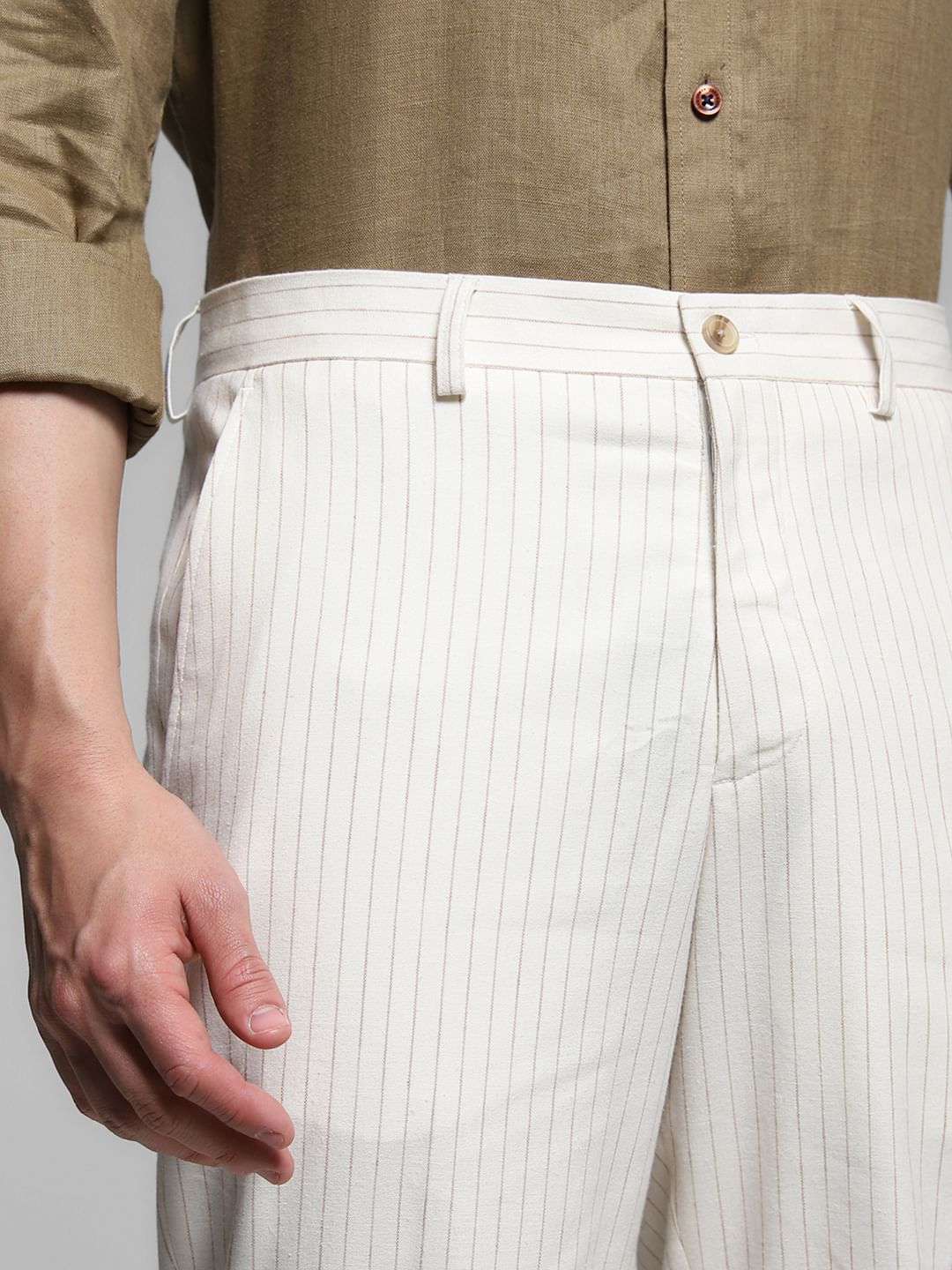 White Striped Slim Fit Linen Trousers