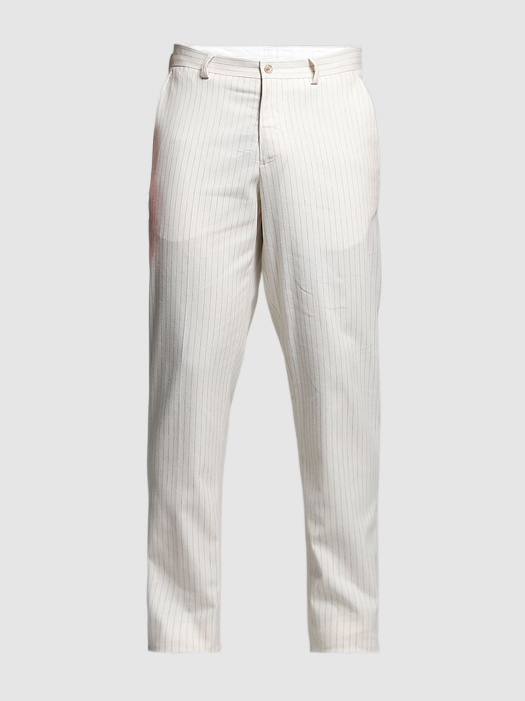 White Striped Slim Fit Linen Trousers