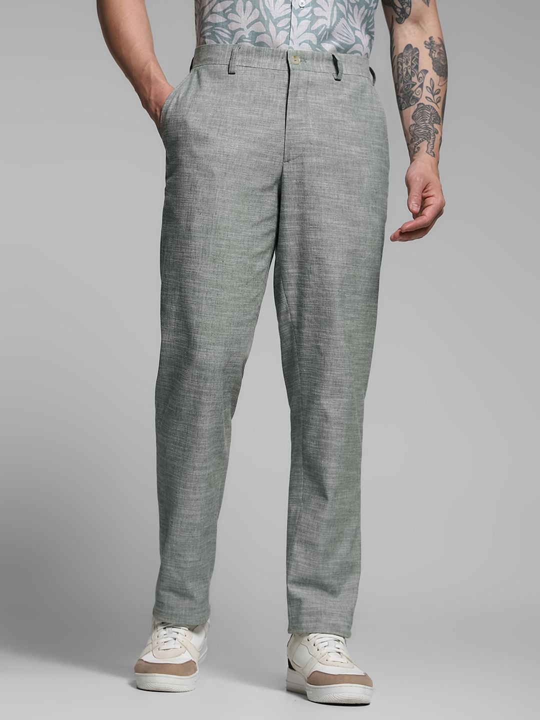 Green Linen Slim Fit Trousers