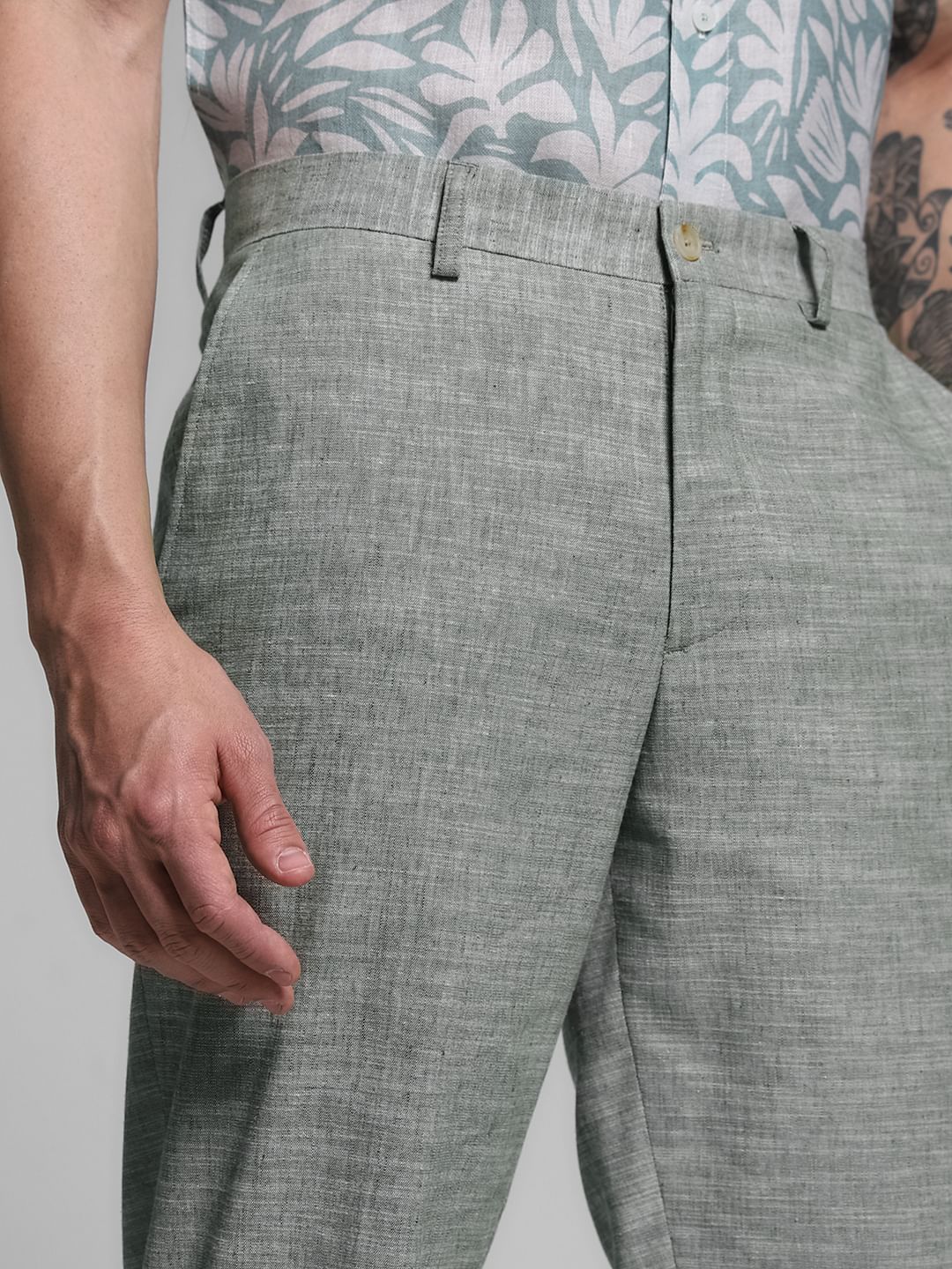 Green Linen Slim Fit Trousers
