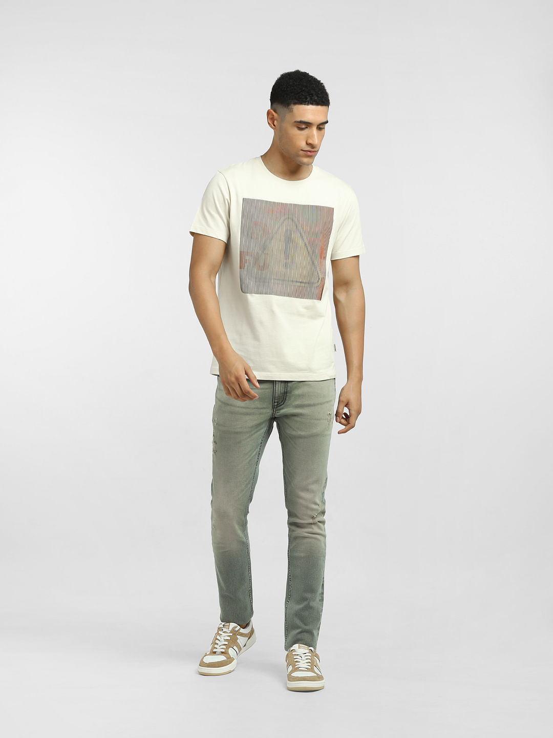 Beige Graphic Print Crew Neck T-shirt