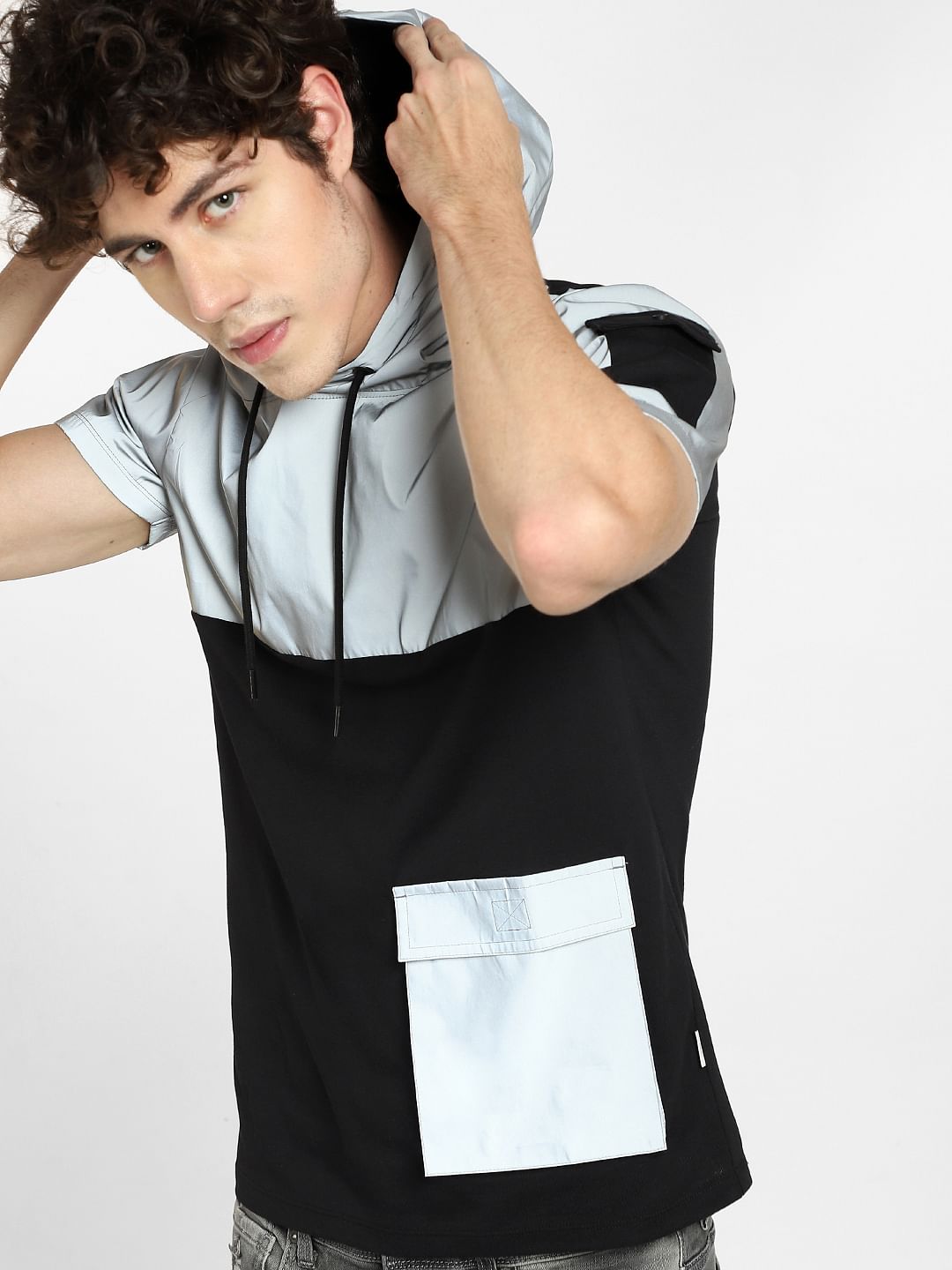 Black Colourblocked Hooded Sweatshirt