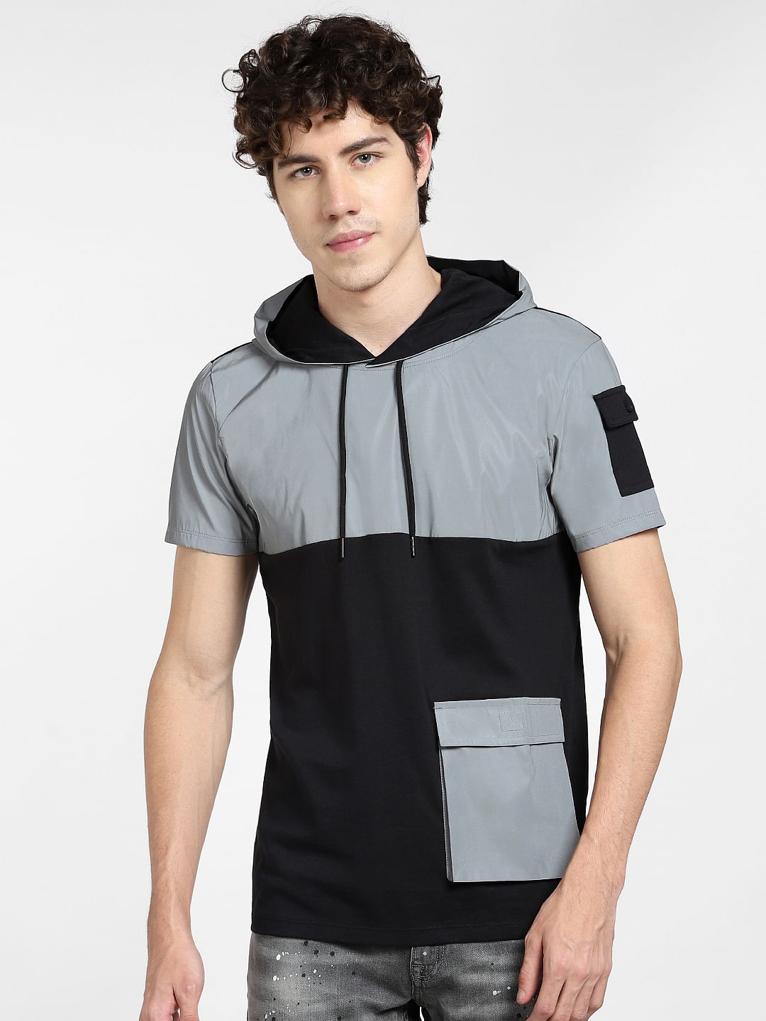 Black Colourblocked Hooded Sweatshirt