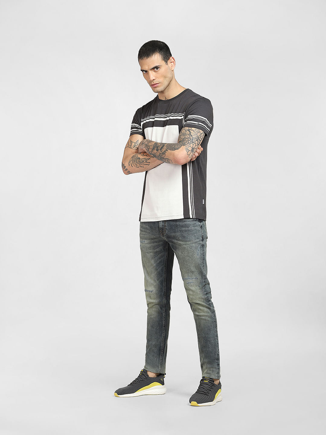 Grey Colourblocked Crew Neck T-shirt