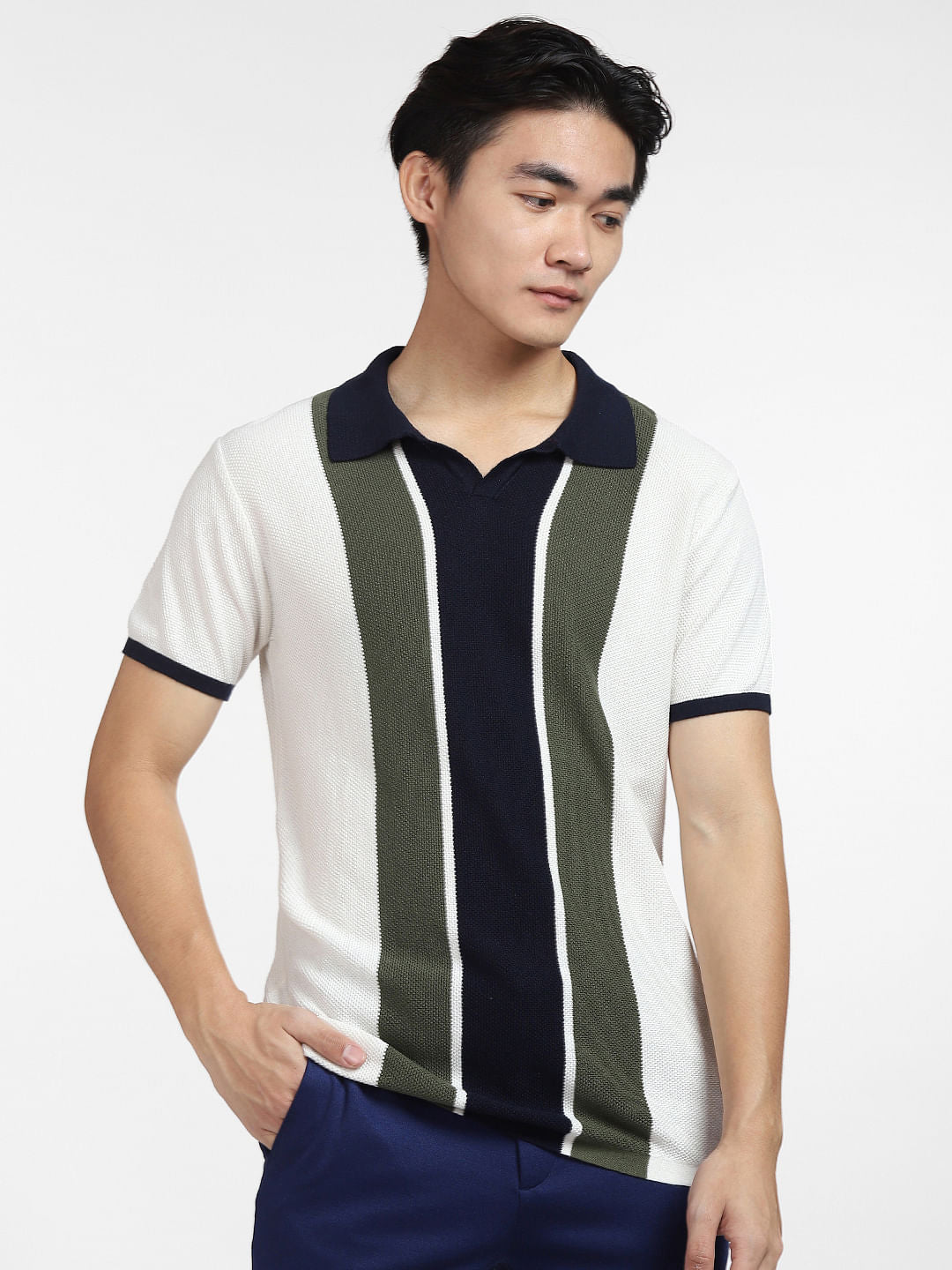 Navy Blue Knitted Colourblocked Polo T-shirt
