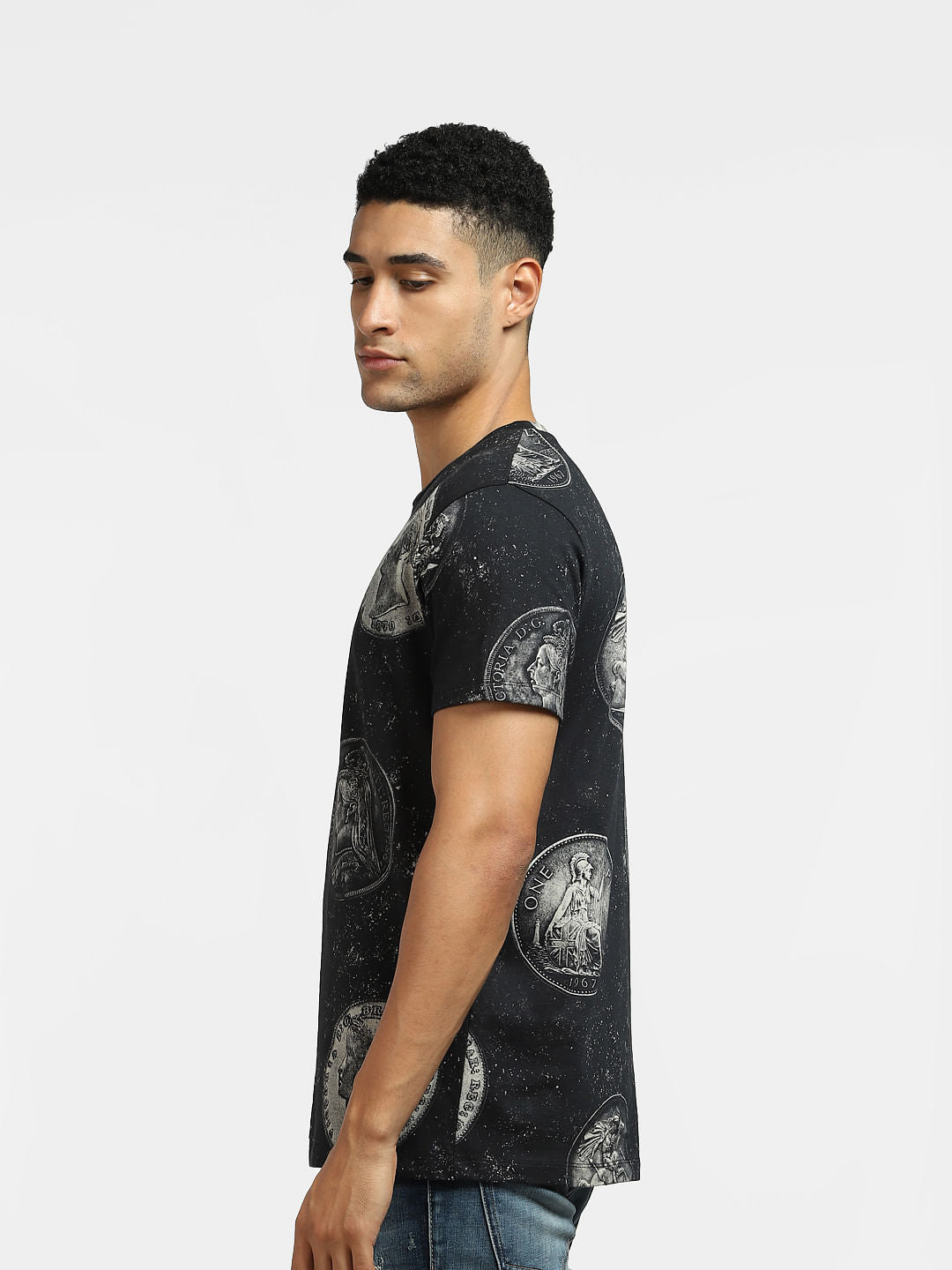 Black Coin Print Crew Neck T-shirt