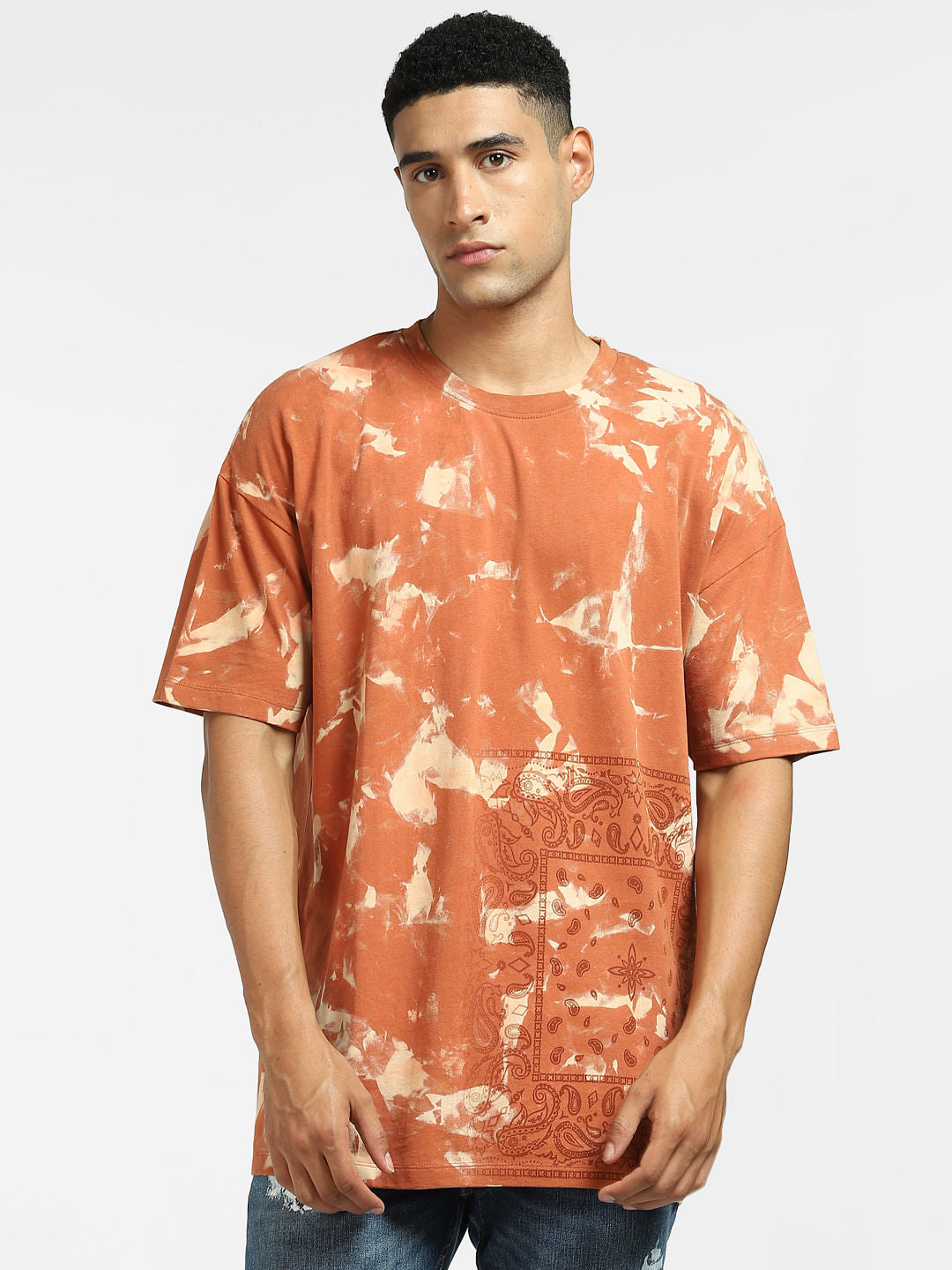 Brown Abstract Print Crew Neck T-shirt