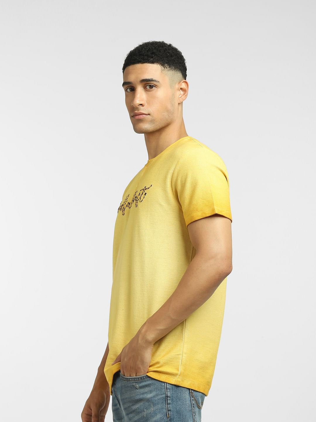 Yellow Embroidered Crew Neck T-shirt