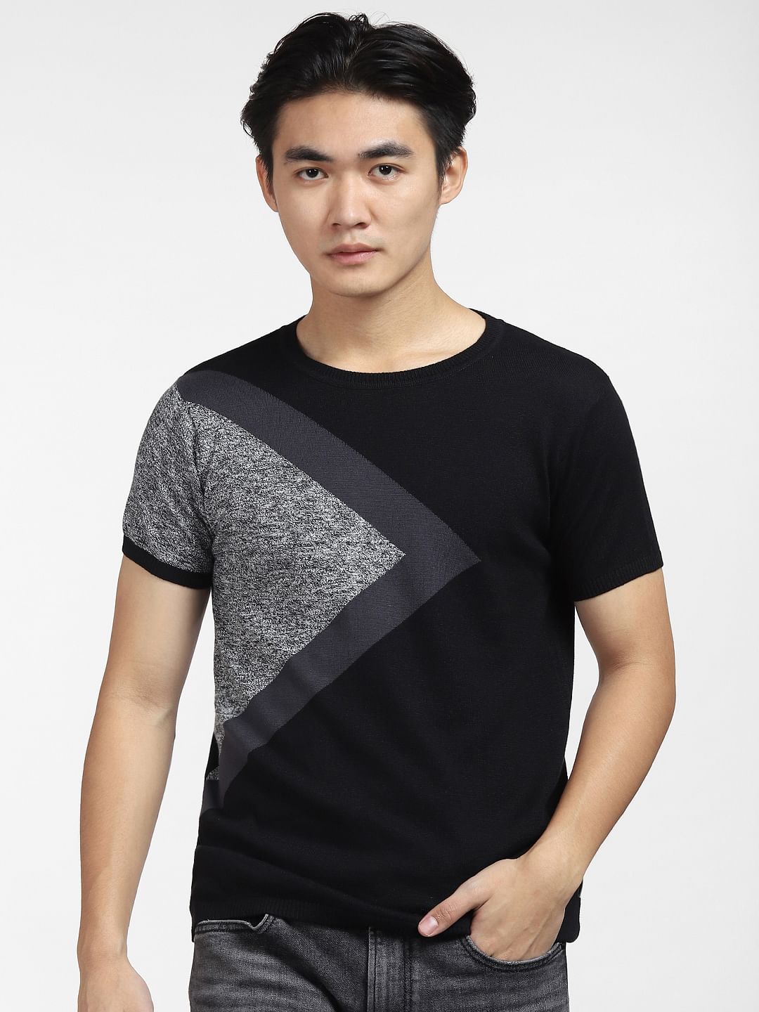 Black Jacquard Knitted Crew Neck T-shirt