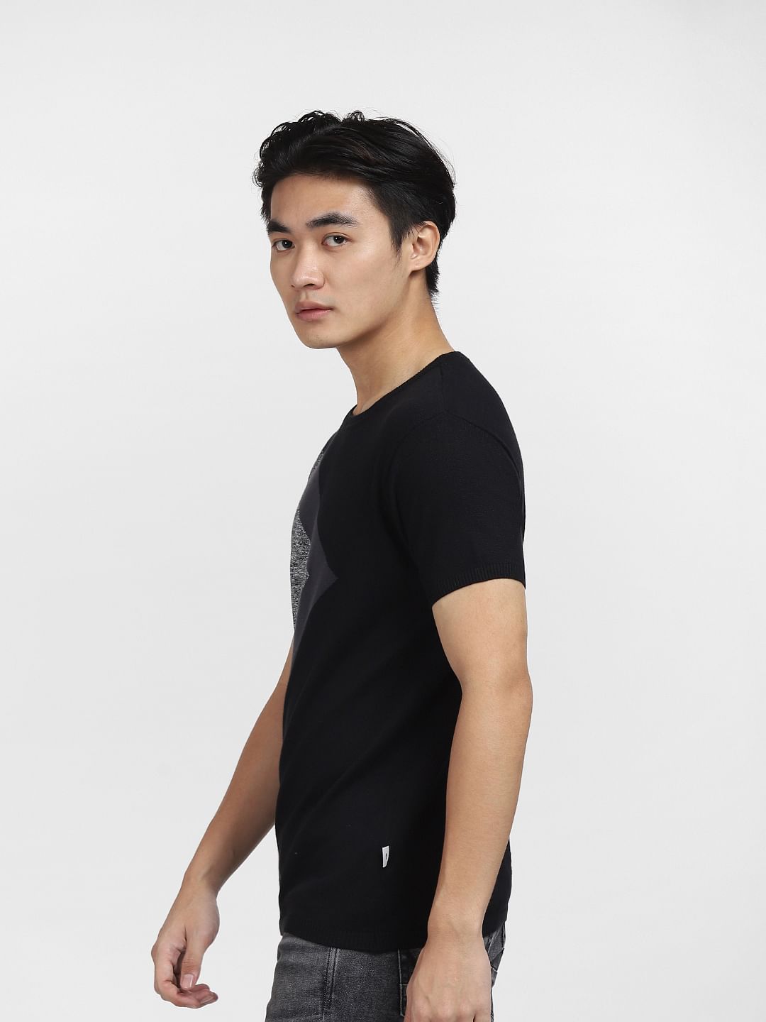 Black Jacquard Knitted Crew Neck T-shirt