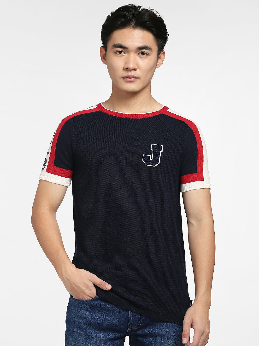 Blue Printed Knitted T-shirt