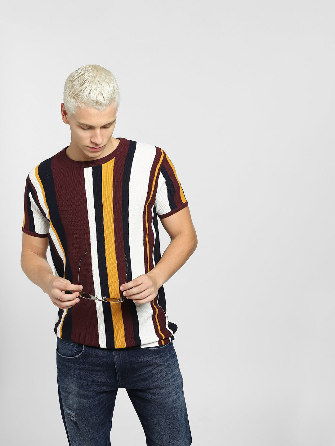 Maroon Striped Knit Crew Neck T-shirt