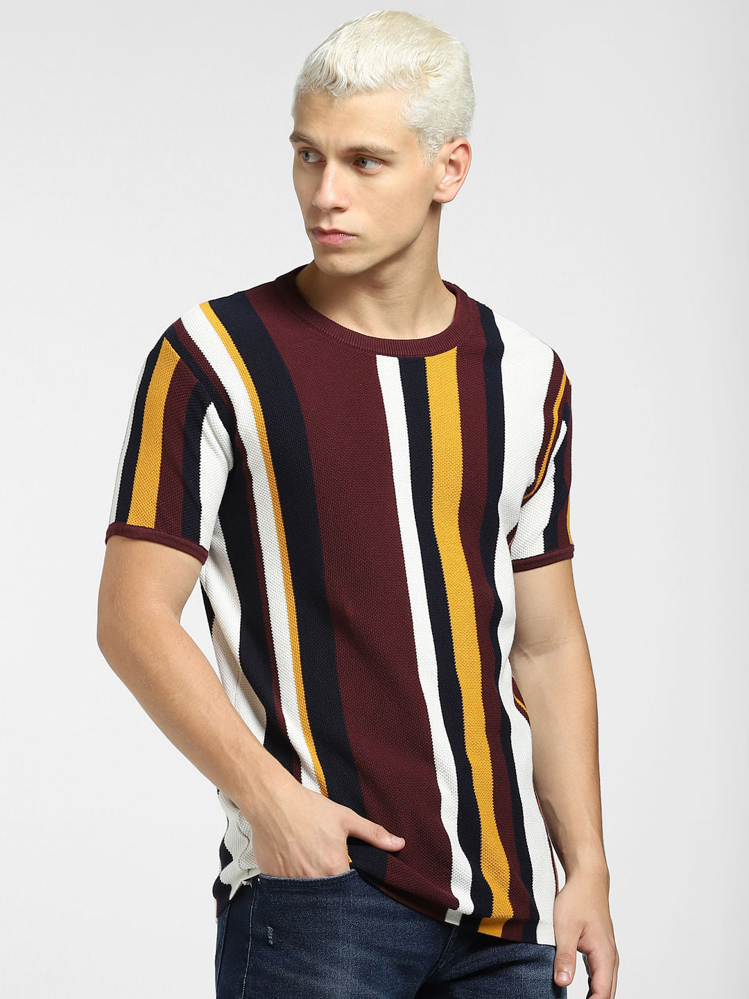 Maroon Striped Knit Crew Neck T-shirt