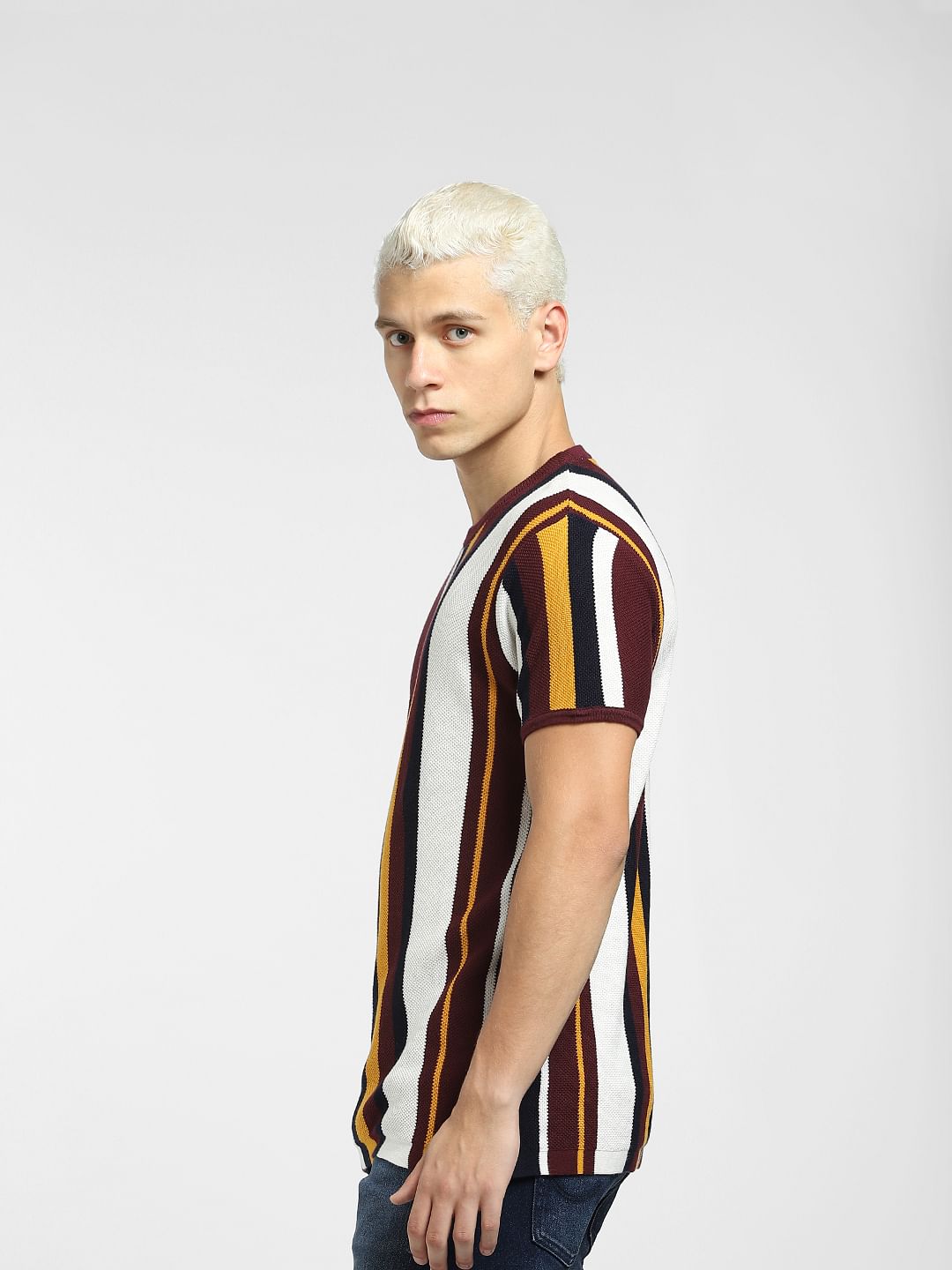 Maroon Striped Knit Crew Neck T-shirt