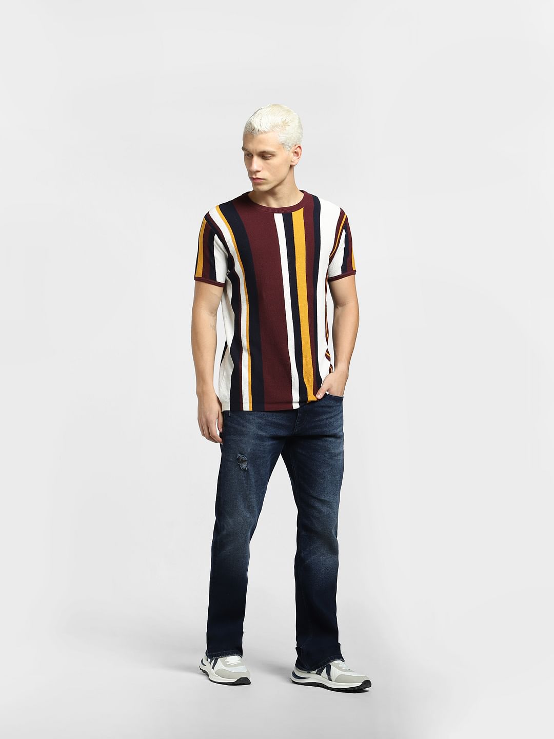 Maroon Striped Knit Crew Neck T-shirt