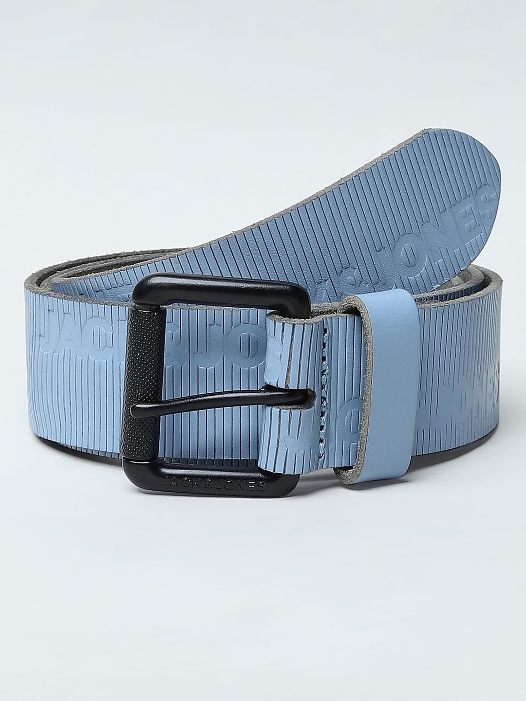 Blue Textured Logo Leather Belt