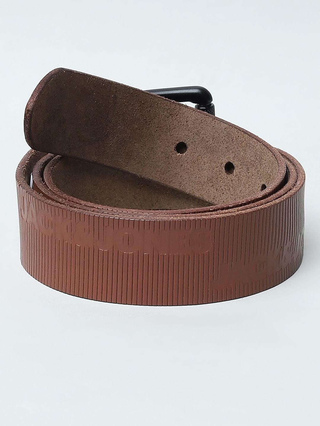 Brown Textured Logo Leather Belt