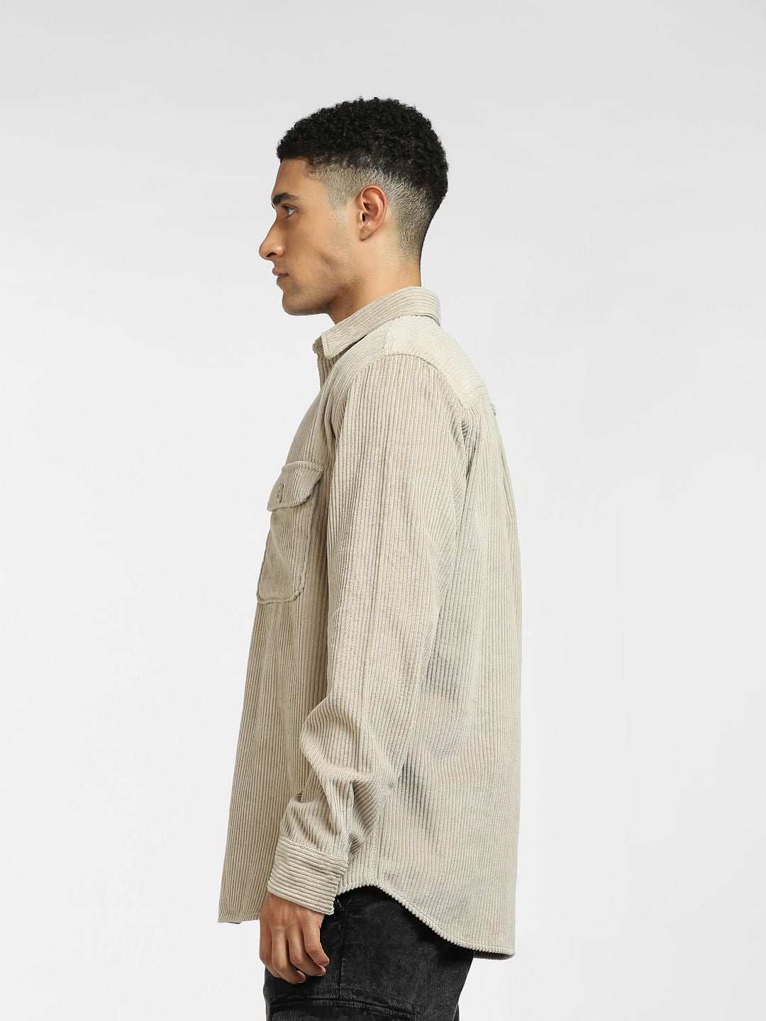 White Corduroy Full Sleeves Shirt
