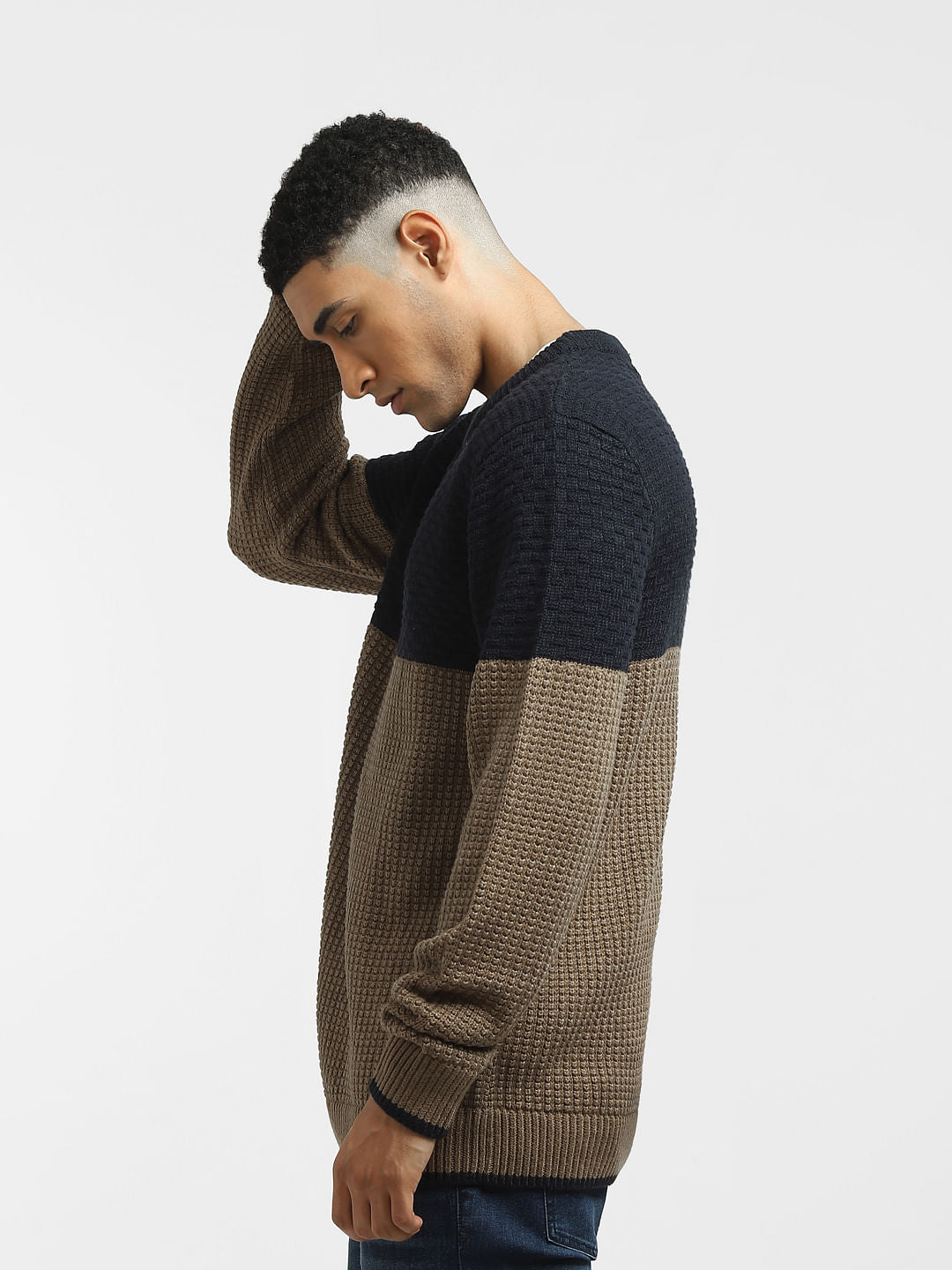 Brown Colourblocked Textured Pullover