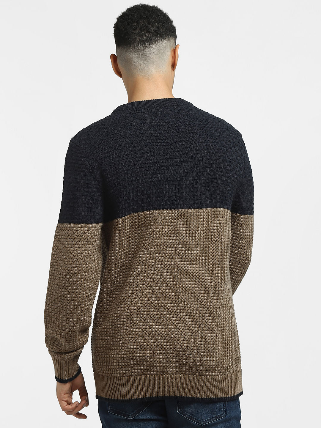 Brown Colourblocked Textured Pullover