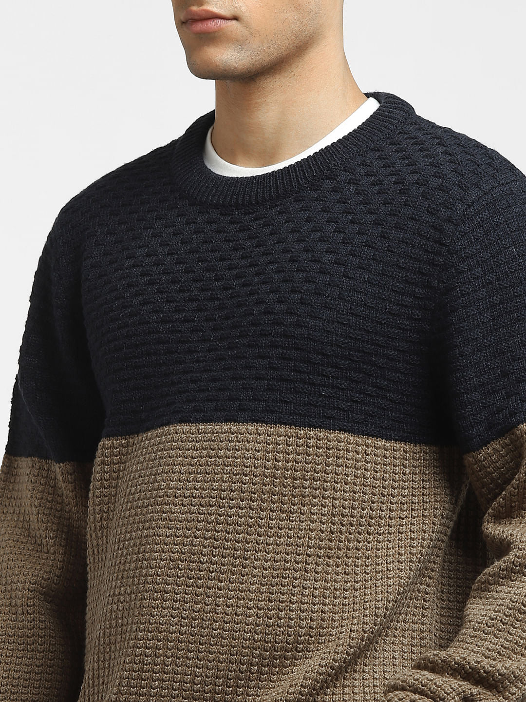 Brown Colourblocked Textured Pullover