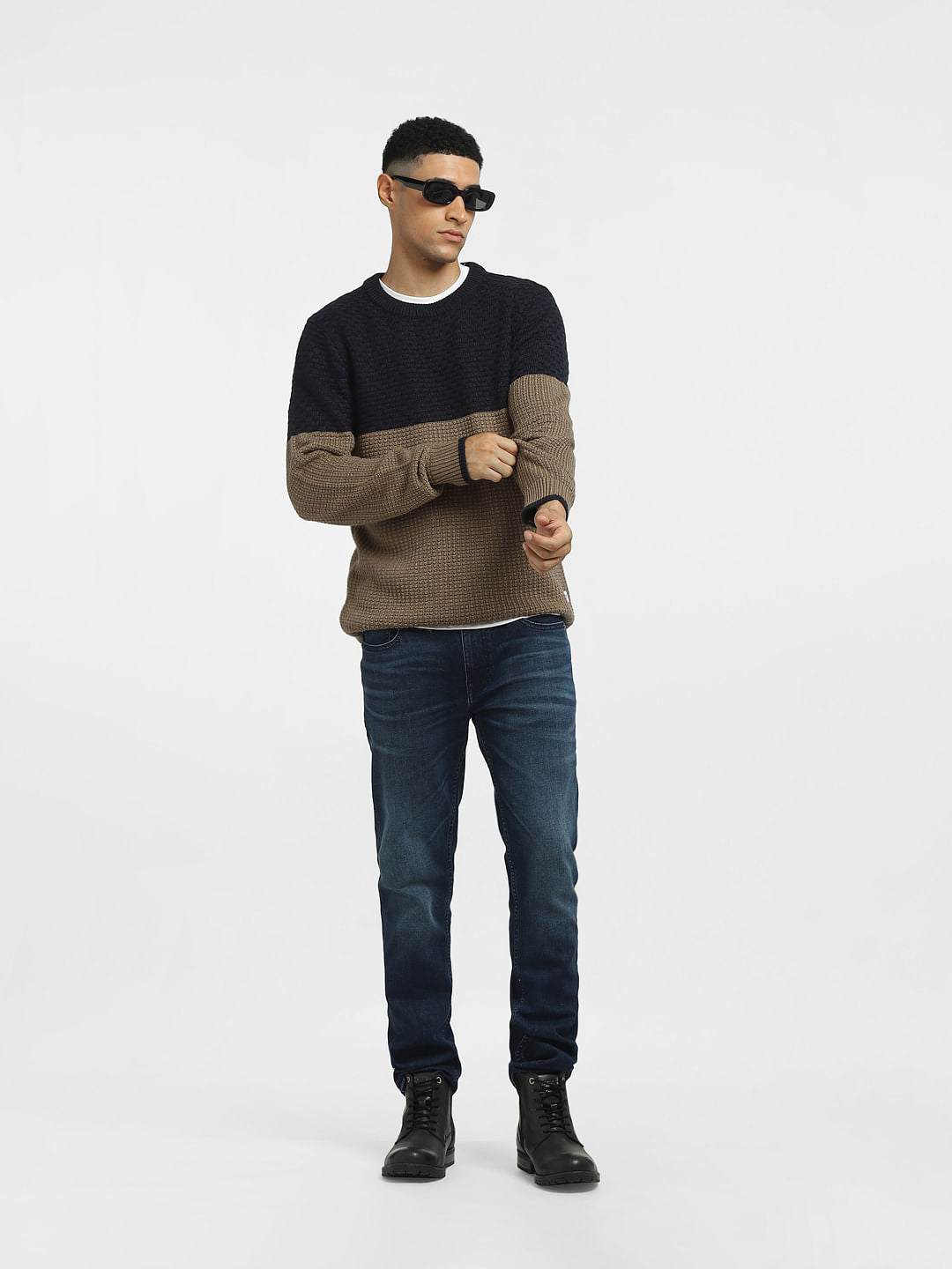 Brown Colourblocked Textured Pullover