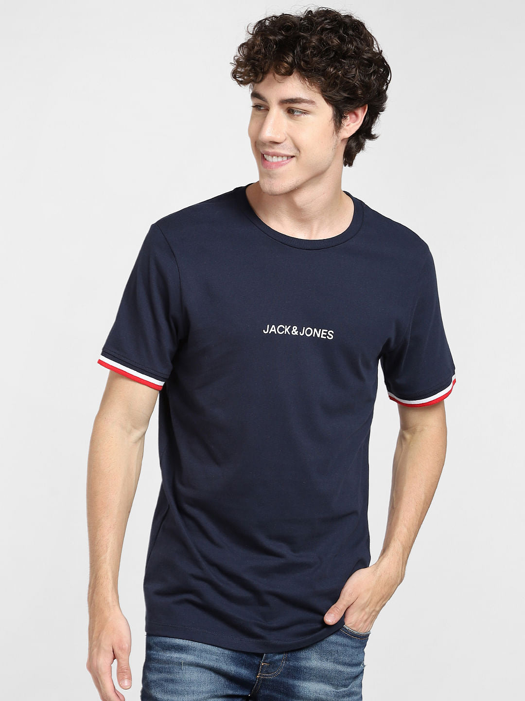 Navy Blue Logo Print Crew Neck T-shirt