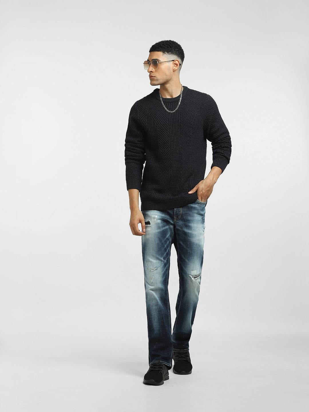 Navy Blue Textured Slim Fit Pullover