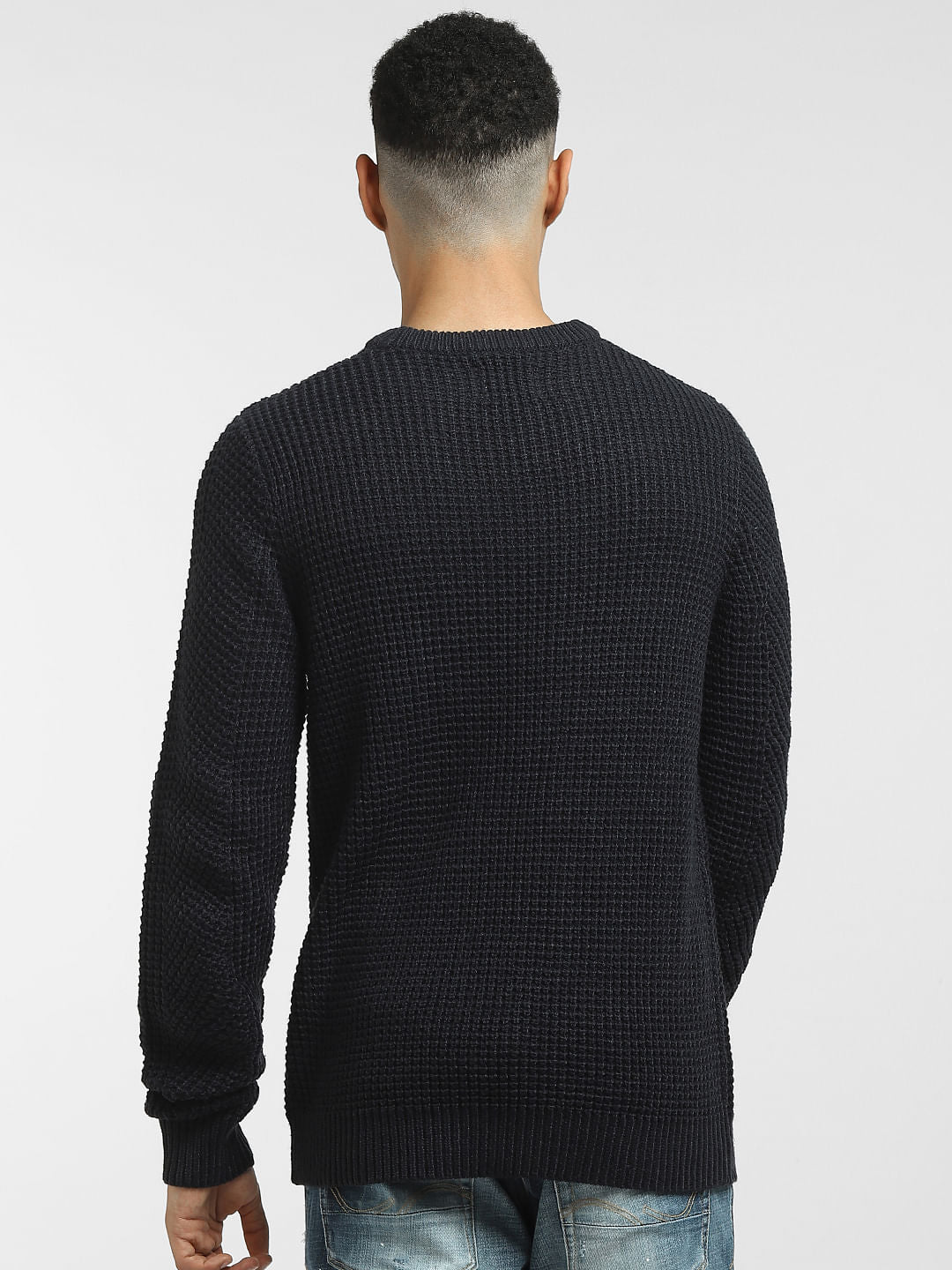 Navy Blue Textured Slim Fit Pullover