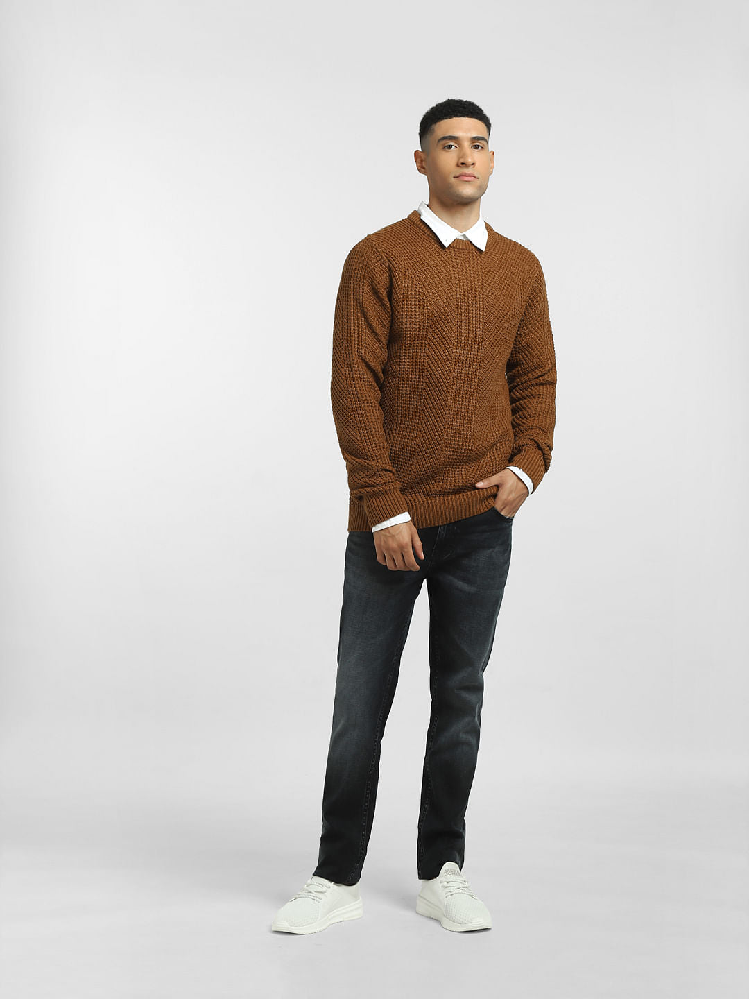Brown Textured Slim Fit T-shirt